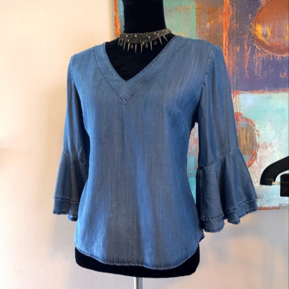 White House Black Market Blue Denim Bell Sleeve Top Size: 4